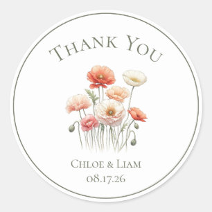 Botanical Poppies Custom Wedding Thank You Classic Round Sticker