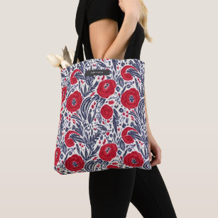Botanical Poppies Red White & Blue Pattern Tote Bag