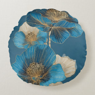 Botanical Poppy Blue Gold Line Art Floral Round Cushion