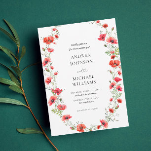 Botanical Poppy Frame Flowers Heart Script Wedding Invitation
