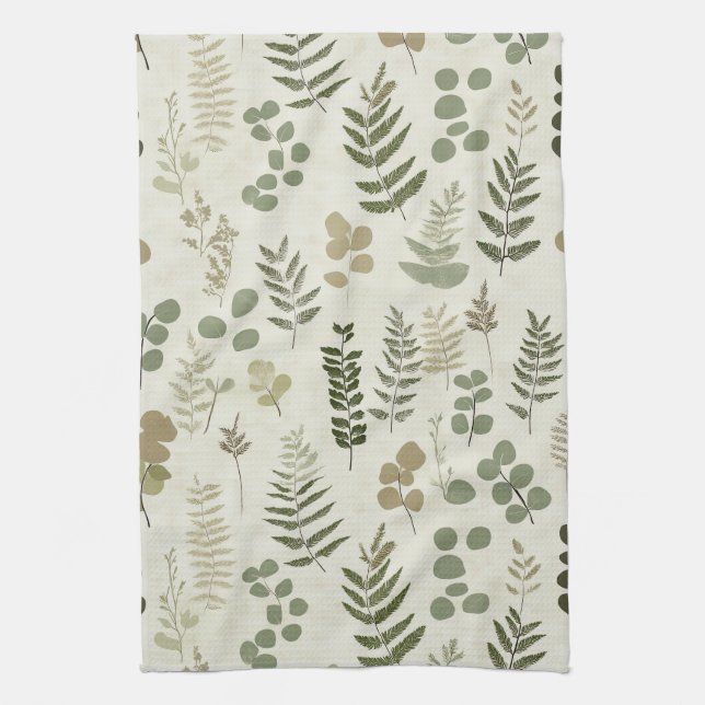 Botanical Pressed Leaves Pattern – Fern Print (3) Tea Towel (Vertical)