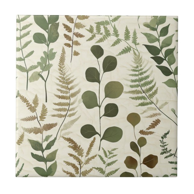 Botanical Pressed Leaves Pattern – Fern Print Ceramic Tile (Front)