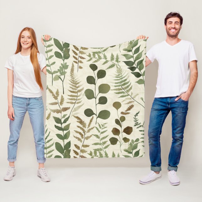 Botanical Pressed Leaves Pattern – Fern Print Fleece Blanket (In Situ)