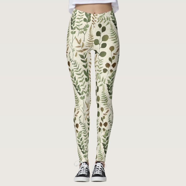 Botanical Pressed Leaves Pattern – Fern Print Leggings (Front)