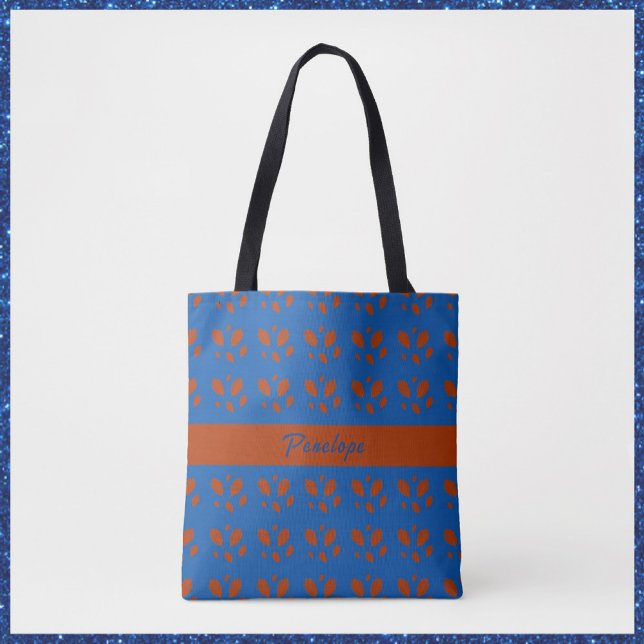 Botanical Pretty Rust Leaves on Royal Blue Design Tote Bag (Creator Uploaded)