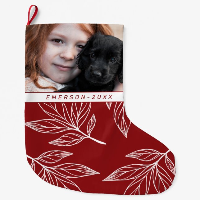 Botanical Print with Photo and Name Red Holiday Large Christmas Stocking (Front)
