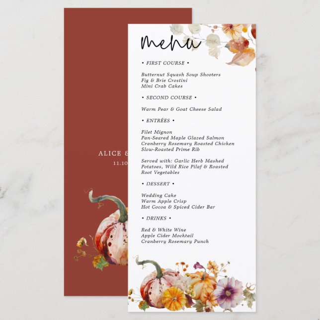 Botanical Pumpkins Fall in Love Wedding Menu (Front/Back)