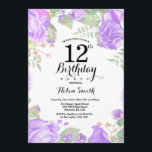 Botanical Purple Floral 12th Birthday Invitation<br><div class="desc">Botanical Purple Floral 12th Birthday Invitation. Floral Pink Peonies Birthday Invitation for Women. Watercolor Floral Flower. Elegant Pink Rose and Peony Flowers. Adult Birthday. White Background. Black and White. 13th 15th 16th 18th 20th 21st 30th 40th 50th 60th 70th 80th 90th 100th, Any Ages. For further customisation, please click the...</div>