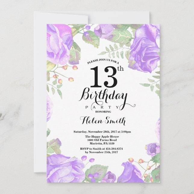 Botanical Purple Floral 13th Birthday Invitation (Front)