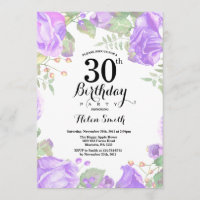 Botanical Purple Floral 30th Birthday Invitation