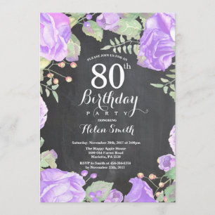 Botanical Purple Floral 80th Birthday Invitation