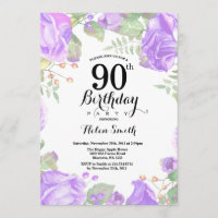 Botanical Purple Floral 90th Birthday Invitation