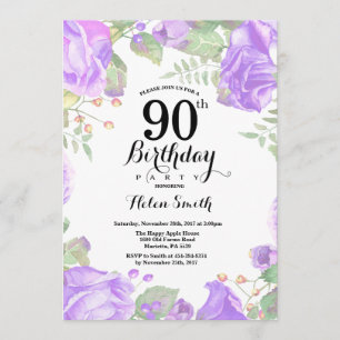 Botanical Purple Floral 90th Birthday Invitation