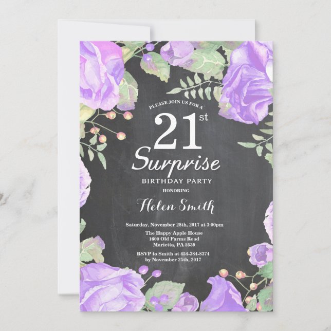 Botanical Purple Floral Surprise 21st Birthday Invitation (Front)