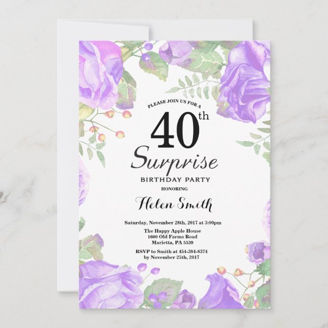 Botanical Purple Floral Surprise 40th Birthday Invitation (Front)
