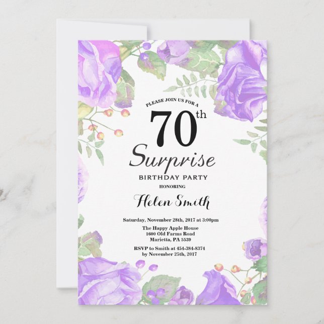 Botanical Purple Floral Surprise 70th Birthday Invitation (Front)