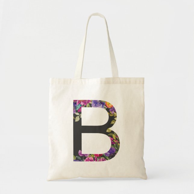 Botanical Purple Flowers Letter B Monogram Tote Bag (Front)