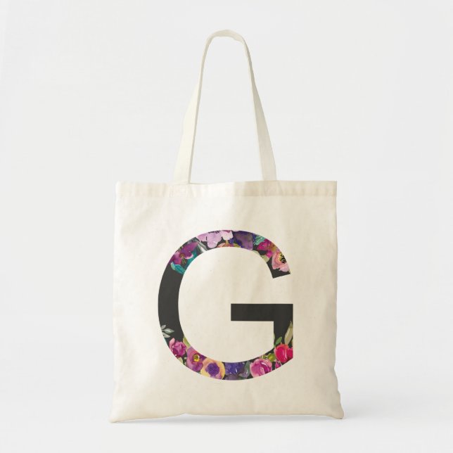 Botanical Purple Flowers Letter G Monogram Tote Bag (Front)