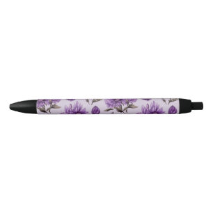 Botanical purple flowers pattern black ink pen