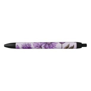 Botanical purple flowers pattern black ink pen