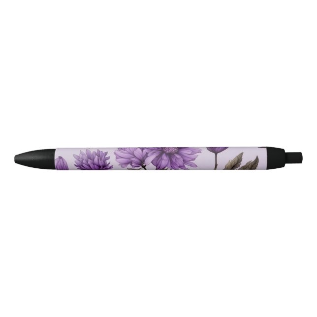 Botanical purple flowers pattern black ink pen (Front)