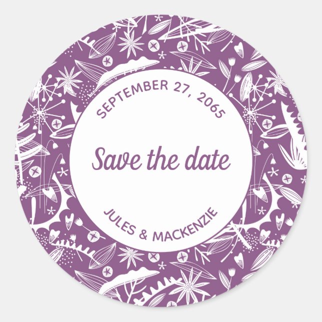 Botanical Purple Foliage Save the Date Classic Round Sticker (Front)