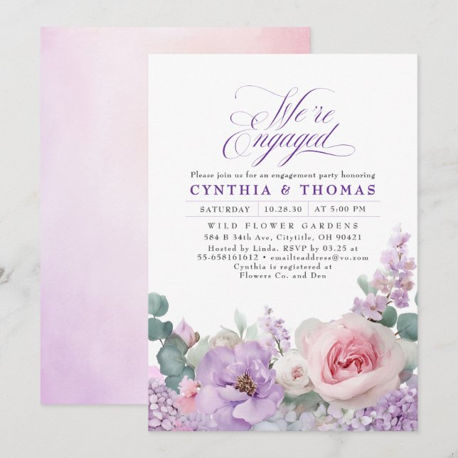 Botanical Purple Pink Floral Boho Engagement Party Invitation (Front/Back)