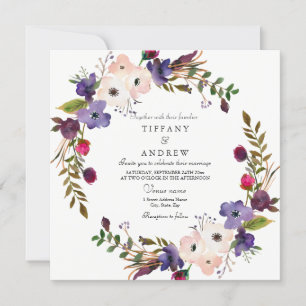 Botanical Purple Pink Floral Wreath Wedding Invite