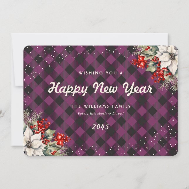 Botanical Purple Plaid Snow New Year Card (Front)