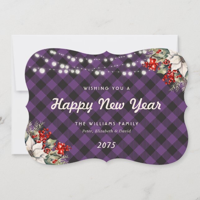 Botanical Purple Plaid String Lights New Year Card (Front)