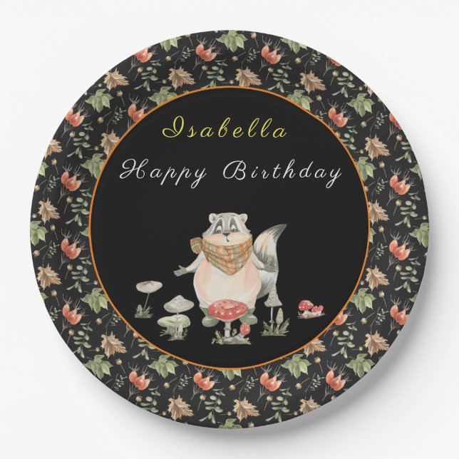 Botanical Racoon Customise Text and Colour Paper Plate (Front)