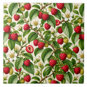 Botanical Raspberry and Blossom Pattern Ceramic Tile