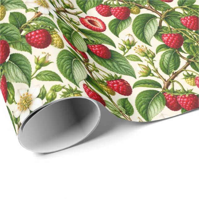 Botanical Raspberry and Blossom Pattern Wrapping Paper (Roll Corner)