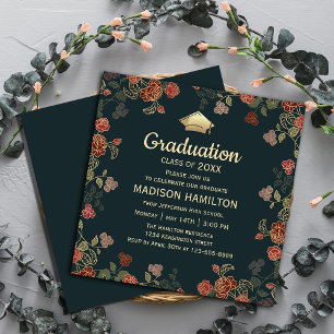 Botanical Red and Gold Graduation Party Invitation