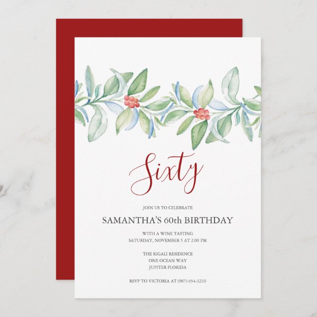 Botanical Red and Green Christmas 60th Birthday Invitation (Front/Back)