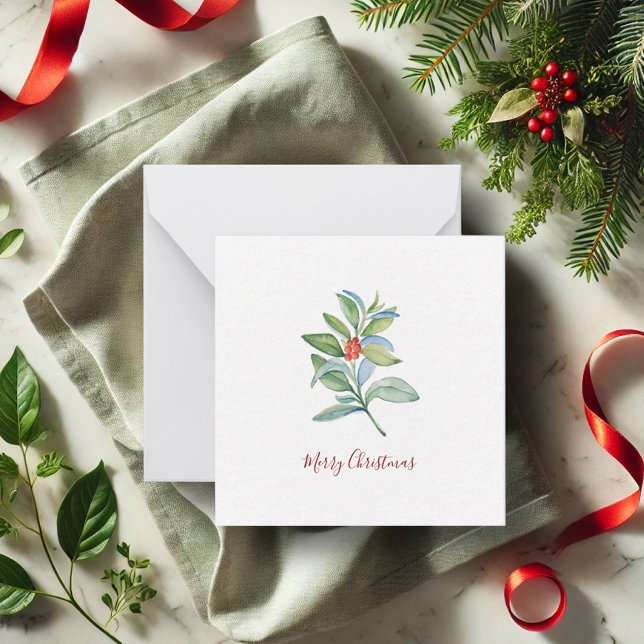 Botanical Red and Green Christmas Watercolor Card (Mini Christmas cards watercolor botanical art by Victoria Grigaliunas Do Tell A Belle)