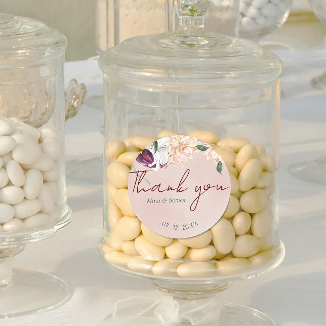 botanical red and white floral thank you wedding classic round sticker (Creator Uploaded)