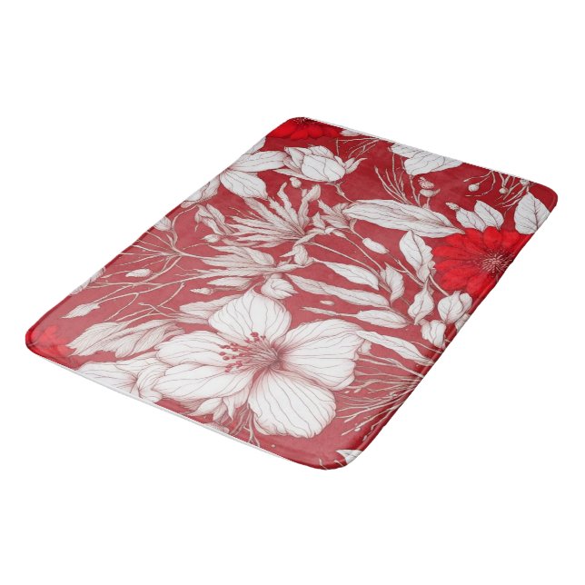 Botanical red and white flowers pattern bath mat (Angled)