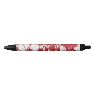 Botanical red and white flowers pattern black ink pen