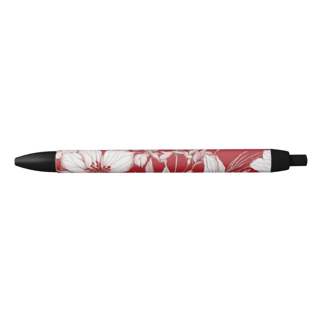 Botanical red and white flowers pattern black ink pen (Front)