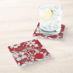 Botanical red and white flowers pattern glass coaster