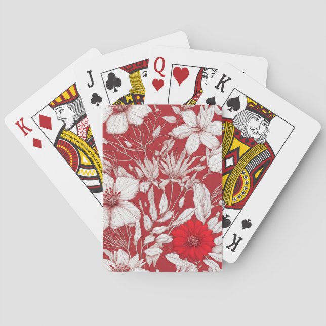 Botanical red and white flowers pattern playing cards (Back)