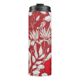 Botanical red and white flowers pattern thermal tumbler
