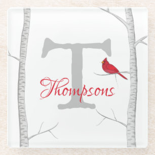 Botanical Red Cardinal Country Tree Monogram Glass Coaster