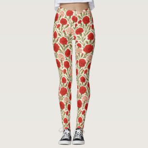 Botanical Red Carnation Floral Leggings