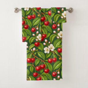 Botanical Red Cherries and White Blossoms Bath Towel Set