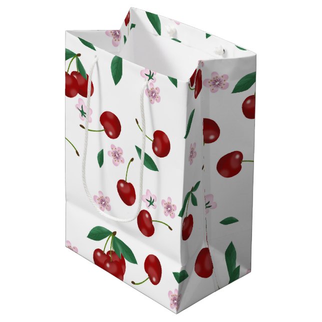 Botanical Red Cherries Greenery & Blossoms  Medium Gift Bag (Front Angled)