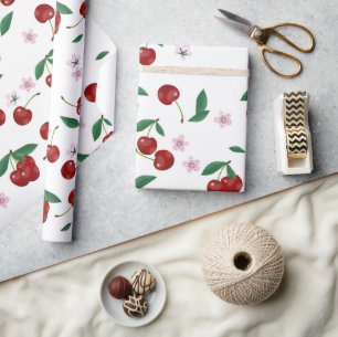 Botanical Red Cherries Greenery & Blossoms  Wrapping Paper