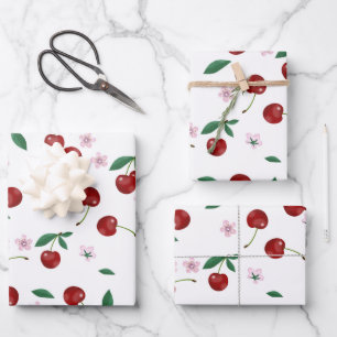 Botanical Red Cherries Greenery & Blossoms  Wrapping Paper Sheet