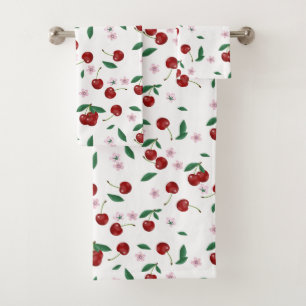 Botanical Red Cherries Greenery & Cherry Blossoms  Bath Towel Set
